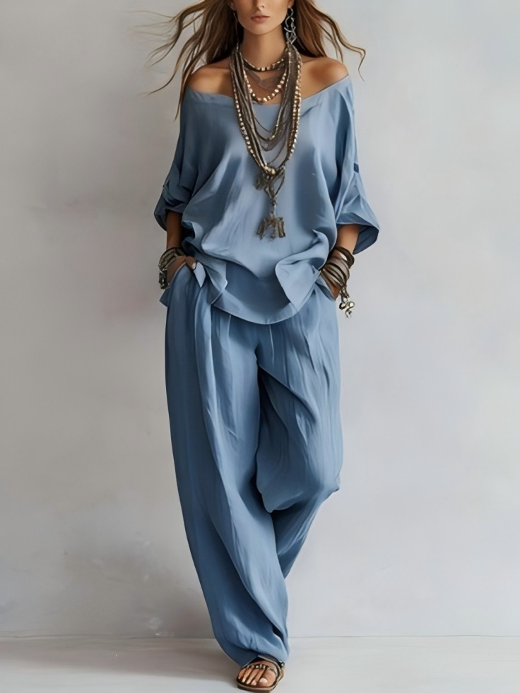 Gabriella | Conjunto de Hombros Descubiertos y Pantalón Palazzo