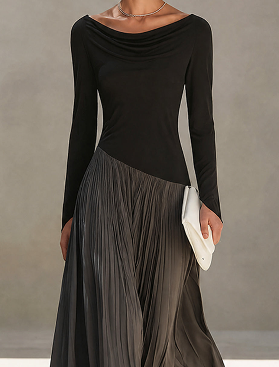 Geneviève - Robe Longue Plissée Noir & Gris