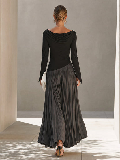 Geneviève - Robe Longue Plissée Noir & Gris