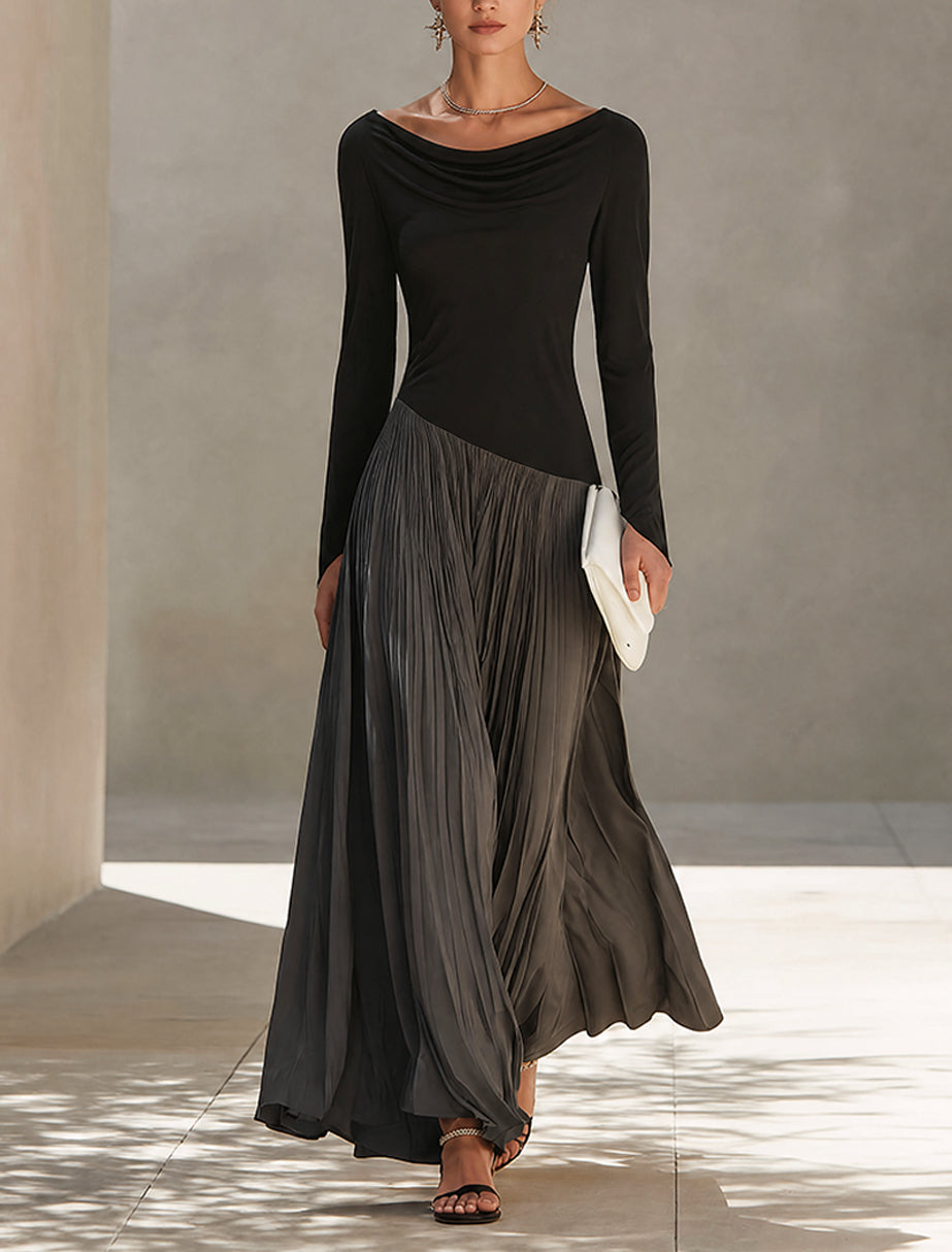 Geneviève - Robe Longue Plissée Noir & Gris