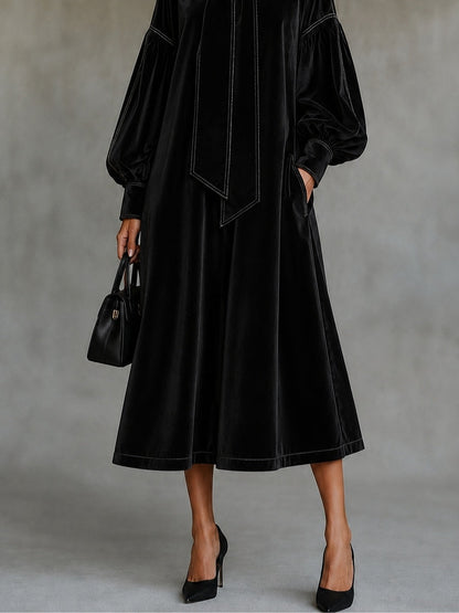 Théodora - Robe Noire Midi à Nœud