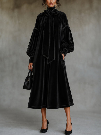 Théodora - Robe Noire Midi à Nœud