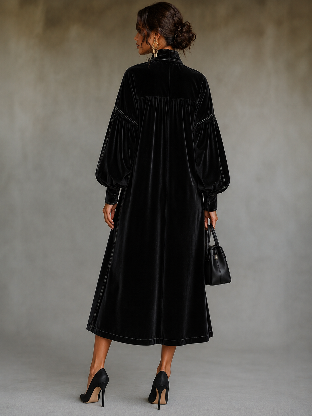 Théodora - Robe Noire Midi à Nœud